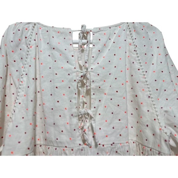 Sezane Grace Embroidery Midi Dress Large 44 Ballon Sleeves Linen Polka Dots Bows - Picture 8 of 16